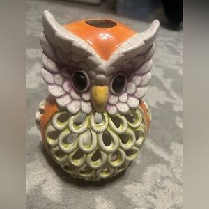 Colorful Ceramic Owl Figurine Orange, lime green and purple  Candle Holder